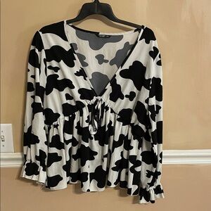 SHEIN Black and White Tie-Front V-Neck Peplum Blouse